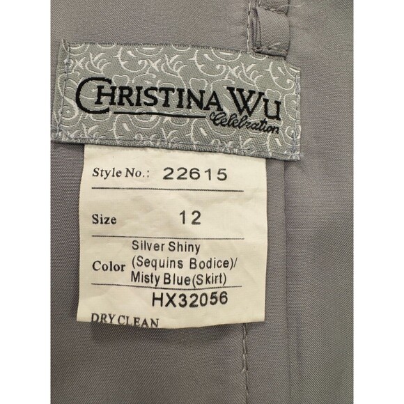 Christina Wu Formal Dress Sz 12 Silver Sequin Bodice Misty Blue Chiffon Party - Picture 11 of 12